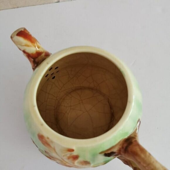 Vintage Handpainted Teapot CRAZING Black Squirrel Oak Leaves Marutomoware Japan - Picture 6 of 8